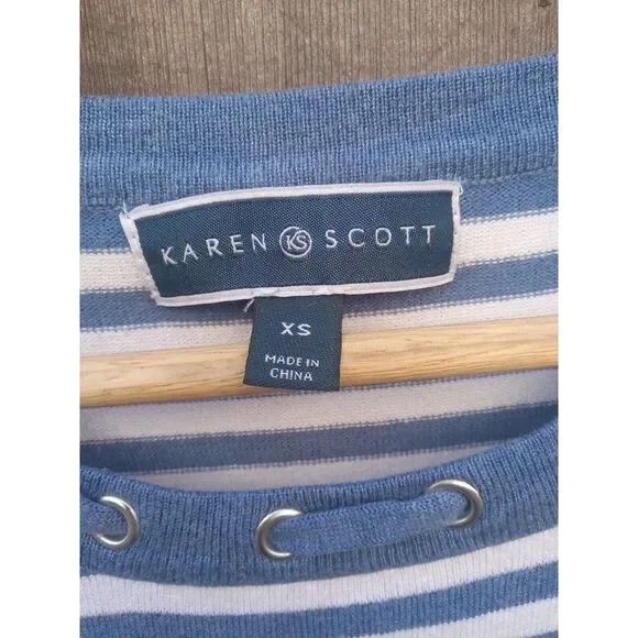 Karen Scott Heather Indigo Blue Mid Sleeve‎ Striped Top Sz XS - Picture 3 of 5